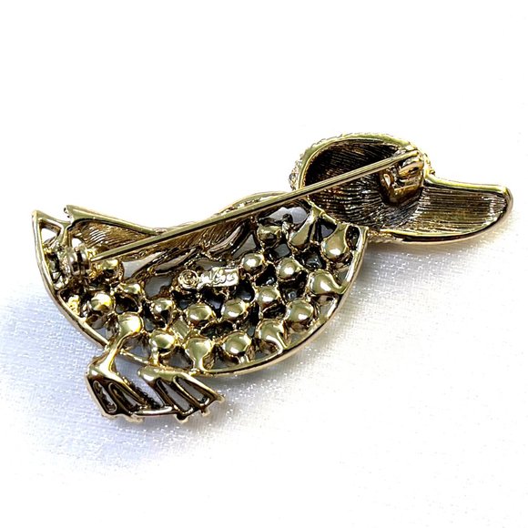 Vintage CORO Rhinestone Duck Brooch Gold Tone Mid-Century - Picture 4 of 5